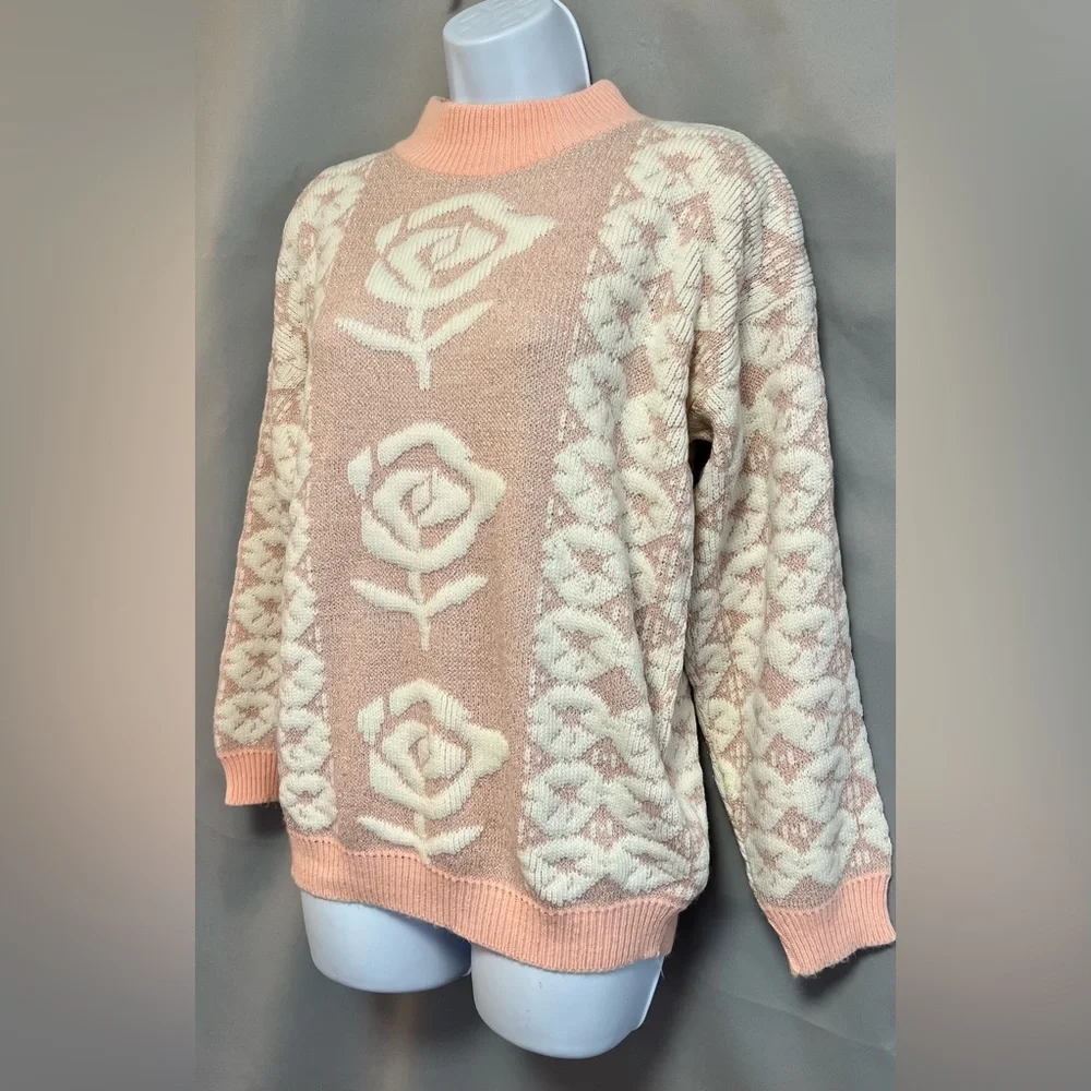Vintage 90s Private Eyes Sweater Roses Sz 6 Y2K Made USA‎ Pink Silver Coquette